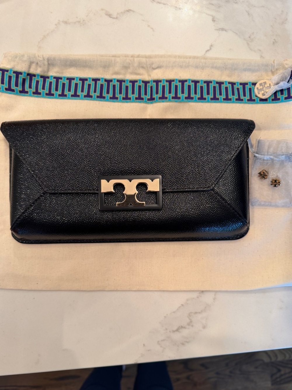 Tory Burch Black Pebbled Gigi Leather Logo Clutch and Gold Logo Stud Earrings
